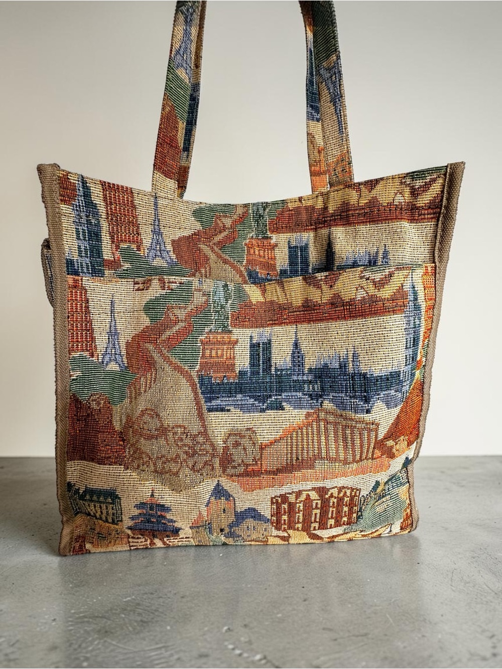 Vtg Y2K Tapestry World Landmarks Tote Bag | Rare Retro Flip Phone Pocket
